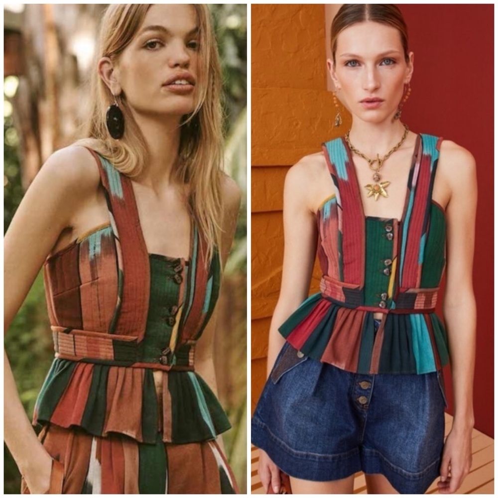 Ulla Johnson Multicolor Striped Peplum Tank Top - Rust, Teal, Green, Navy